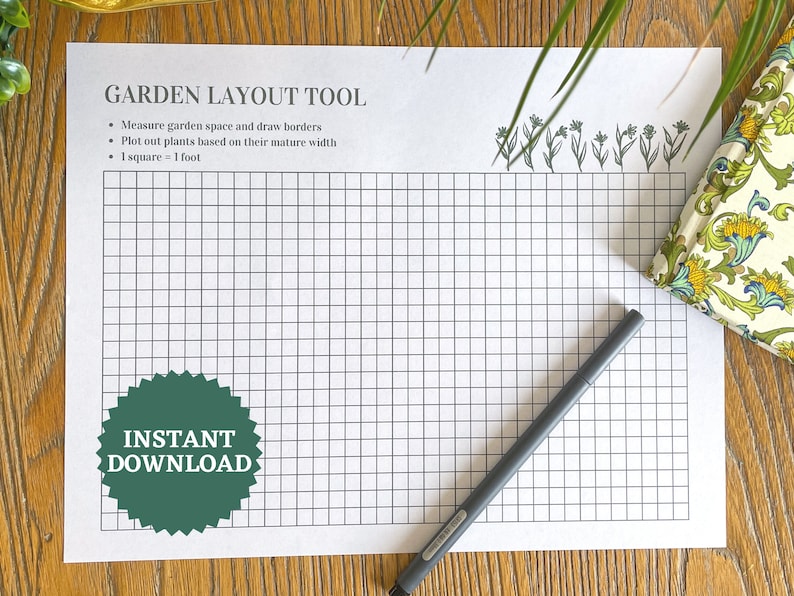 May include: A printable garden layout tool with a grid pattern and instructions to measure garden space, draw borders, and plot plants based on their mature width. The text "GARDEN LAYOUT TOOL" and "INSTANT DOWNLOAD" is visible on the page.