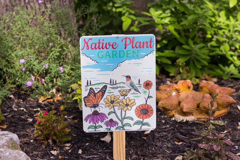 Może przedstawiać: Biały znak z niebieskim i zielonym tekstem, na kt&oacute;rym widnieje napis "Native Plant Garden". Na znaku znajduje się kresk&oacute;wkowa ilustracja kolibra, motyla i kwiat&oacute;w.
