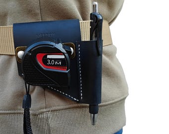Funda de herramientas de cuero hecha a mano, soporte para cinta métrica para cinturón