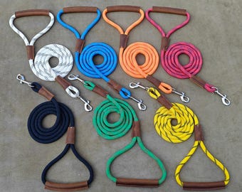 Heavy Duty Nylon Rope Dog Leash: Leather Handle, Handmade
