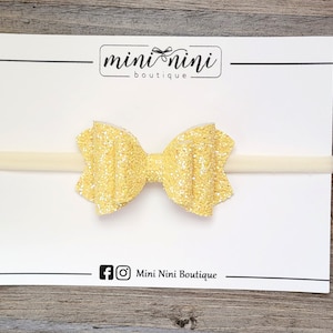 3" Chunky Yellow Glitter Leather hair bow headband, yellow baby headband, nylon headband, summer hair bow, girls bow hair clips