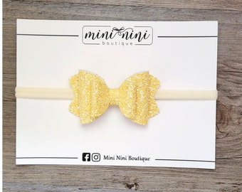 3" Chunky Yellow Glitter Leather hair bow headband, yellow baby headband, nylon headband, summer hair bow, girls bow hair clips