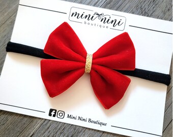 Red Velvet Baby Bow Headband: Christmas Gold Accent, 3.5 Inches