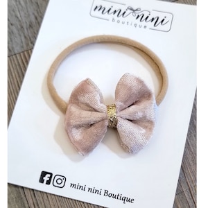 champagne velvet hair bow baby headbad, gold velvet hair headband, winter baby headband, hair bow nylon headband, christmas bow