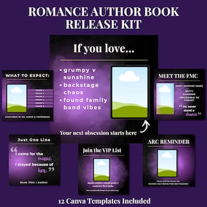 Plantillas para redes sociales de autores de novelas románticas / Kit de lanzamiento de libros (gráficos de Canva) para Instagram, TikTok, ARC, Trope y publicaciones VIP