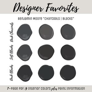 Esquema de cores de tinta para interiores Benjamin Moore Paint Trend Paleta de tintas populares Black Charcoal mais vendida Cor de tinta favorita do designer