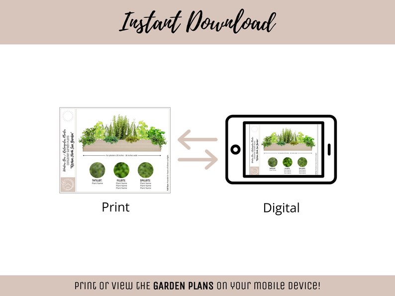 May include: An image showing a print and digital version of a garden plan. The print version displays a rectangular planter box with various plants. The digital version is on a tablet. Text at the top says "Instant Download". The bottom text says "Print or view the garden plans on your mobile device!"