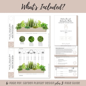 May include: A digital download featuring garden planter designs. The image includes detailed plans for window boxes and rectangular planters, showcasing various plant arrangements. The text reads "What's Included?" and "6-page PDF: Garden Planter design plus 3-page guide."