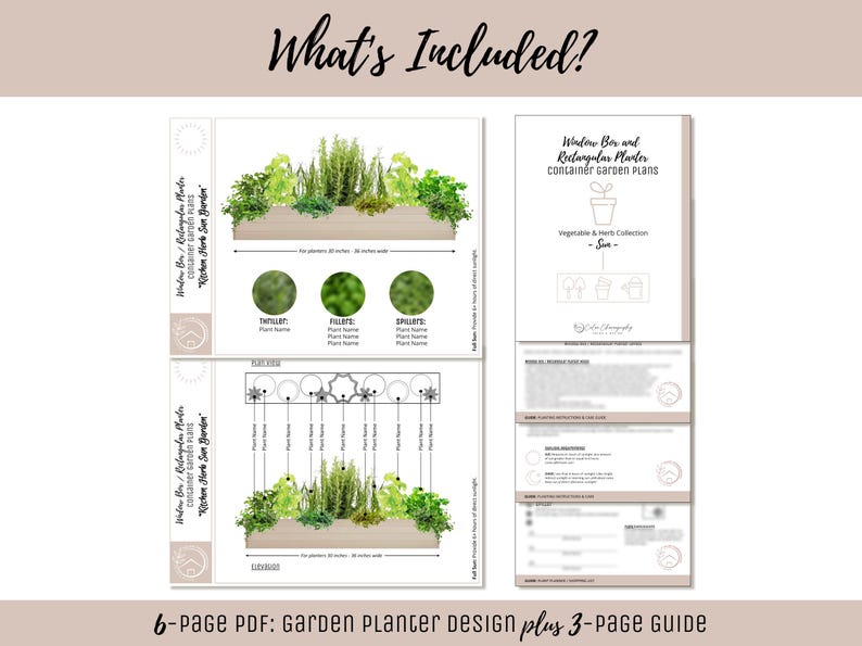May include: A digital download featuring garden planter designs. The image includes detailed plans for window boxes and rectangular planters, showcasing various plant arrangements. The text reads "What's Included?" and "6-page PDF: Garden Planter design plus 3-page guide."