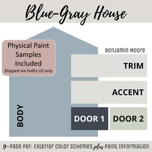 May include: A digital color scheme guide titled Blue-Gray House featuring a blue-gray house silhouette, Benjamin Moore paint labels for trim, accent, and two door colors, and a note stating physical paint samples are included in the 9-page PDF.
