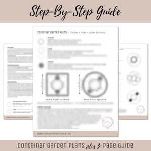 May include: A three-page guide titled "Container Garden Plans" with instructions and diagrams. The guide includes a "Step-By-Step Guide" header and details on thriller, filler, and spiller formulas, along with square and round planter pot layouts.