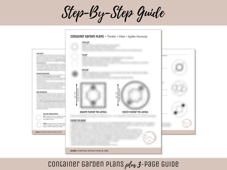 May include: A three-page guide titled "Container Garden Plans" with instructions and diagrams. The guide includes a "Step-By-Step Guide" header and details on thriller, filler, and spiller formulas, along with square and round planter pot layouts.