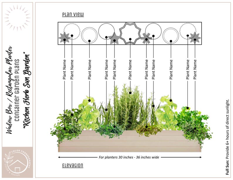 May include: A diagram of a rectangular planter with a "Kitchen Herb Sun Garden" design. The plan view shows various plant arrangements, while the elevation view displays the planter's dimensions, suitable for 30-36 inch wide planters. The text indicates the need for full sun.