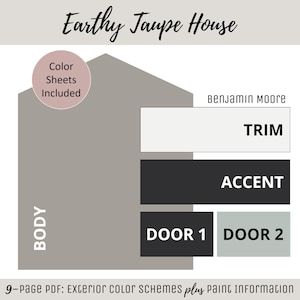Esquema de colores de pintura para exteriores de casas Selección de pintura de Benjamin Moore Paleta de colores Diseño de exteriores de casas Consulta de colores Ideas de pintura Taupe terroso