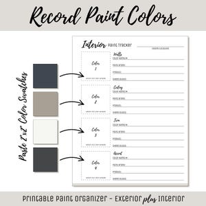 May include: A printable interior paint tracker sheet with the text Record Paint Colours and Paste 2x2 Colour Swatches. The document includes four sections for Walls, Ceiling, Trim, and Accent, with lines for colour name, brand, product, and sheen/gloss.