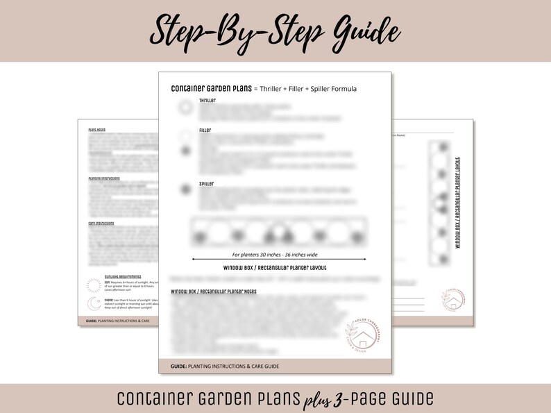 May include: A three-page instructional guide titled Step-By-Step Guide and Container Garden Plans. The document outlines the Thriller, Filler, and Spiller formula for planters 30 inches to 36 inches wide, including window box and rectangular planter layouts.