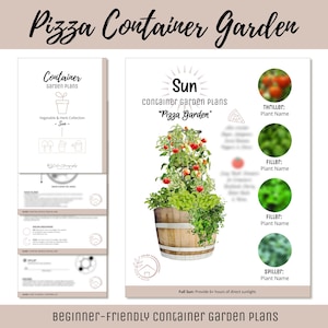 Könnte beinhalten: Ein Bild mit dem Text "Pizza Container Garden" und "Beginner-Friendly Container Garden Plans". Es zeigt einen Containergartenplan mit einem Holzfass-Pflanzgefäß, Tomaten und Kräutern. Der Plan enthält eine Liste von Pflanzen.