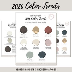 May include: A Benjamin Moore 2026 Color Trends palette card titled Tailored Classic. The document displays eight paint color swatches in shades of charcoal, beige, terracotta, white, cream, mauve, sage green, and navy blue with text labels.