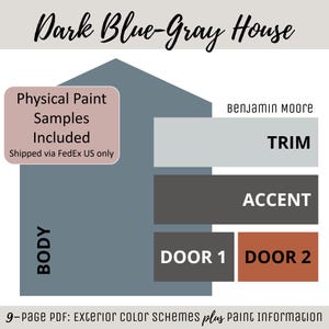 May include: A 9-page PDF exterior color scheme guide titled Dark Blue-Gray House. It features a house silhouette with color blocks for body, trim, accent, and two door options in Benjamin Moore paint colors, plus physical paint samples included.