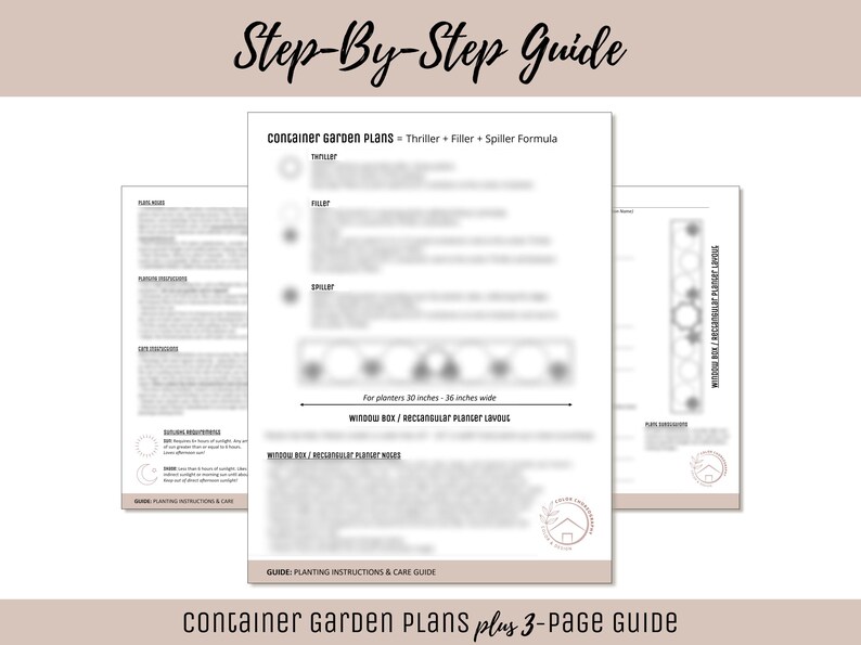 May include: A three-page guide titled "Container Garden Plans" with a step-by-step guide. The guide includes instructions for thriller, filler, and spiller plants, with a layout for planters 30-36 inches wide. The text is in black on a white background.