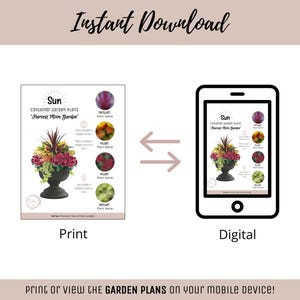 May include: An image showing a print and digital version of a garden plan titled "Harvest Moon Garden." The print version is on a white background, and the digital version is displayed on a smartphone. The text "Instant Download" is at the top.