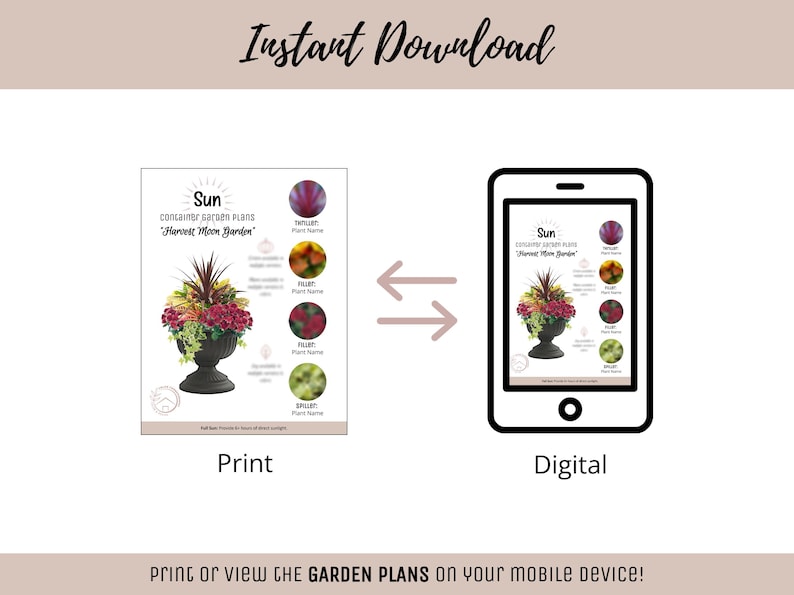 May include: An image showing a print and digital version of a garden plan titled "Harvest Moon Garden." The print version is on a white background, and the digital version is displayed on a smartphone. The text "Instant Download" is at the top.