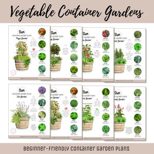 Może przedstawiać: Osiem arkuszy informacyjnych zatytułowanych Vegetable Container Gardens z ilustracjami drewnianych beczek wypełnionych różnymi roślinami. Każdy arkusz przedstawia motyw ogrodu, nazwy roślin oraz okrągłe zdjęcia liści i plonów.