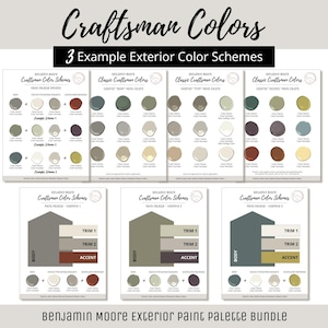 Könnte beinhalten: Ein digitales Dokument mit dem Titel Craftsman Colors, das drei Beispiele für Außenfarbschemata zeigt. Die Seiten enthalten verschiedene Farbmuster mit Namen und Nummern sowie Diagramme zur Platzierung von Körper-, Zier- und Akzentfarben.