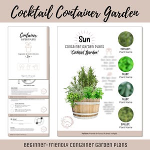 Könnte beinhalten: Digitaldruck mit einem Plan für einen "Cocktail-Container-Garten". Das Bild zeigt einen Holzfass-Pflanzkübel, gefüllt mit Kräutern und Grünpflanzen. Der Plan enthält eine Pflanzenliste und Anweisungen für einen anfängerfreundlichen Garten.