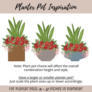 May include: Illustration of three decorative planter pots with floral arrangements. The pots are brown, gray, and blue, each holding green leaves, red roses, and pink accents. Text reads "Planter Pot Inspiration."
