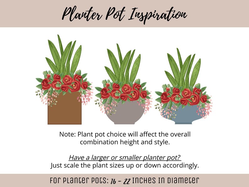 May include: Illustration of three decorative planter pots with floral arrangements. The pots are brown, gray, and blue, each holding green leaves, red roses, and pink accents. Text reads "Planter Pot Inspiration."