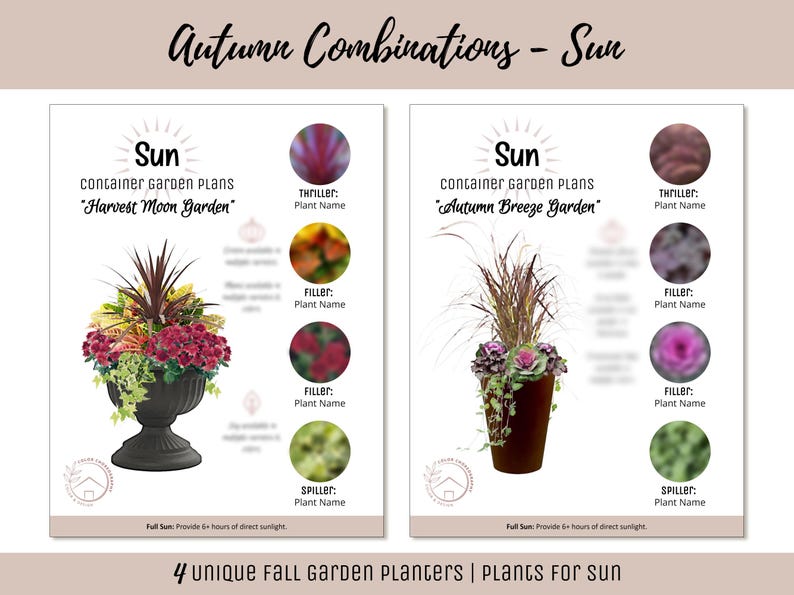 May include: Two container garden plan designs for autumn, labeled "Harvest Moon Garden" and "Autumn Breeze Garden." Each plan features a sun symbol, plant names, and color swatches. The text "4 unique Fall Garden Planters | Plants For sun" is at the bottom.