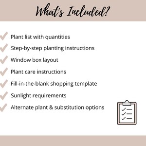 May include: A digital information graphic titled What's Included? featuring a list of seven items marked with checkmarks: plant list with quantities, step-by-step planting instructions, window box layout, plant care, shopping template, sunlight requirements, and substitution options.