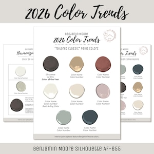 Tendencias de color 2026 Benjamin Moore Esquema de colores de pintura para interiores del hogar Tendencias Paleta de pintura popular Consultar el color del año Silhouette AF-655