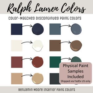 以下が含まれることがあります： Ralph Lauren Colorsと題されたデジタルチャートには、廃盤となった塗料の色とBenjamin Mooreのインテリア塗料が示されています。8つの正方形のカラー見本と、ネイビー、ブルーグレー、クリーム、ブラウン、マルーン、ダークグリーン、タン、チャコール色の円形塗料サンプルが並んでいます。ピンクのボックスにはPhysical Paint Samples Includedと記載されています。