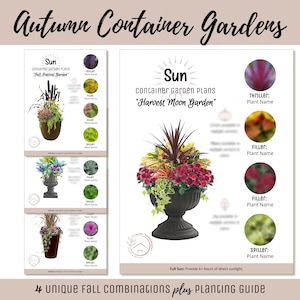 May include: A guide for autumn container gardens. The image features four unique fall combinations with planting guides. The guide includes container garden plans with plant names, and the text "Autumn Container Gardens".