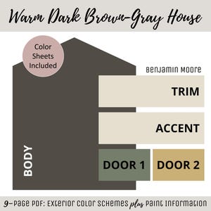 Esquema de colores de pintura para exteriores de casas Selección de pintura de Benjamin Moore Paleta de colores Diseño de exteriores de casas Consulta de colores Ideas de pintura Marrón oscuro