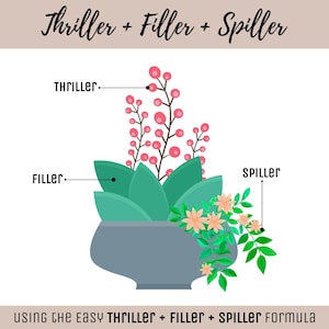 May include: An illustration of a floral arrangement, labeled with the terms "Thriller," "Filler," and "Spiller." The arrangement is in a gray pot, with pink berries, green leaves, and small orange flowers. Text at the top reads "Thriller + Filler + Spiller."
