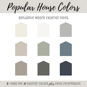 Könnte beinhalten: Ein digitales Dokument mit dem Titel Popular House Colors für Benjamin Moore Außenfarbe. Es zeigt neun hausförmige Farbmuster in verschiedenen Weiß-, Grau-, Blau- und Brauntönen, mit dem Text 8-page PDF: 9 exterior colors plus paint information am unteren Rand.