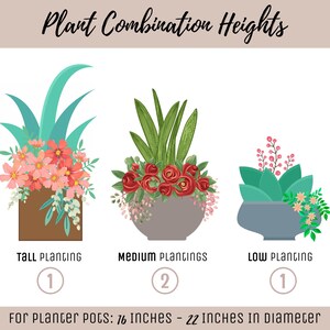 May include: An illustration titled "Plant Combination Heights" shows three plant arrangements labeled "Tall," "Medium," and "Low Planting." The image includes text indicating the planter pots are 16-22 inches in diameter.