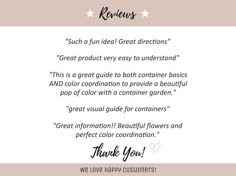 May include: A beige background with the word "Reviews" and star icons. Several customer reviews are displayed, praising the product's ease of use and helpfulness. The text "Thank You!" is written in cursive, followed by "we Love Happy customers!"
