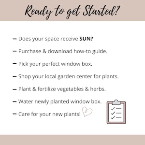 May include: A beige and white graphic with the text "Ready to get Started?" and a list of steps for starting a garden. The steps include checking for sun, purchasing a guide, and planting vegetables.