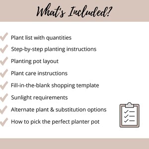 May include: Image with the text "What's Included?" and a list of items, including plant lists, planting instructions, and care instructions. A small clipboard icon is on the right side of the image.