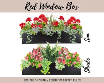 Easy Window Box Flower Garden Guide Beginner-Friendly Flower Plan How-To Garden Container Layout Flower Design Garden DIY Red Sun & Shade