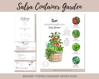 Eenvoudig eetbaar containertuinplan Groentekruidentuinontwerp Beginnerstuingids How-To Moestuinindeling Salsa Thematuin voor kinderen