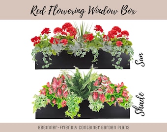 Einfacher Fensterkasten Blumengarten-Führer Anfängerfreundlicher Blumenplan How-To Gartenbehälter Layout Blumendesign Garten DIY Rote Sonne & Schatten