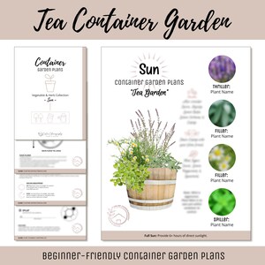 Könnte beinhalten: Grafik mit dem Text "Tea Container Garden" und "Beginner-Friendly Container Garden Plans". Sie zeigt ein Diagramm eines Containergartens mit Pflanzennamen und einem Pflanzgefäß aus Holz.