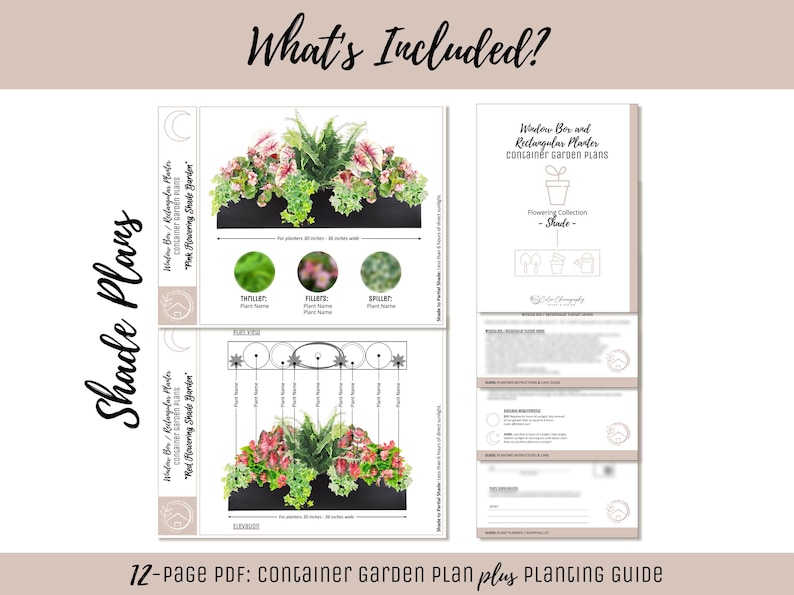May include: A 12-page PDF container garden plan and planting guide featuring window box and rectangular planter designs. The document includes illustrations of plants, layout diagrams, and text labels for planters 30 inches to 36 inches wide.
