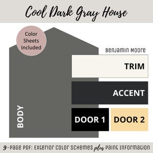 Esquema de colores de pintura para exteriores de casas Selección de pintura de Benjamin Moore Paleta de colores Diseño de exteriores de casas Consulta de colores Ideas de pintura Gris oscuro frío