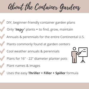 May include: Image with text: "About the Container Gardens." Includes DIY container garden plans, easy plants, annuals and perennials, and plans for 16"-22" diameter planter pots. Also includes plant names and images.